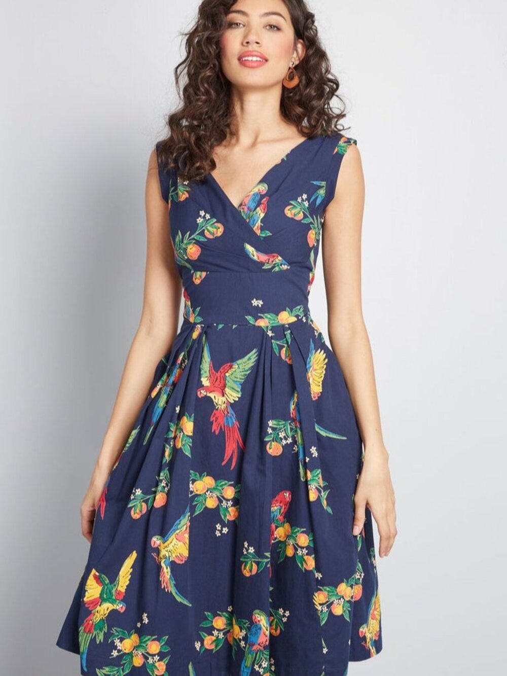 Emily & Fin Navy Retro Tropical Parrot Floral Vacation Dress Modcloth XS/XXS